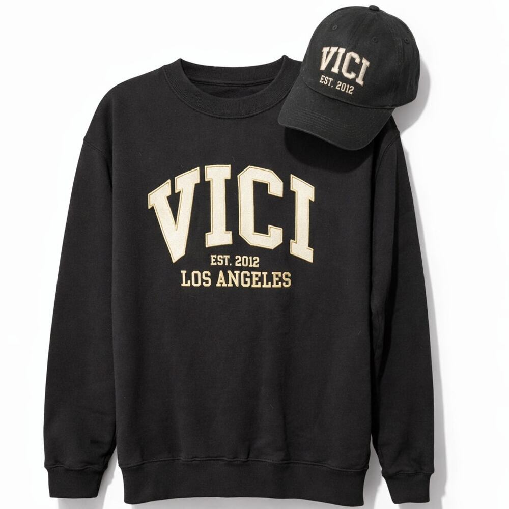 VICI Los Angeles Black Crewneck Pullover Sweatshirt + Matching Hat Set Med NWOT
